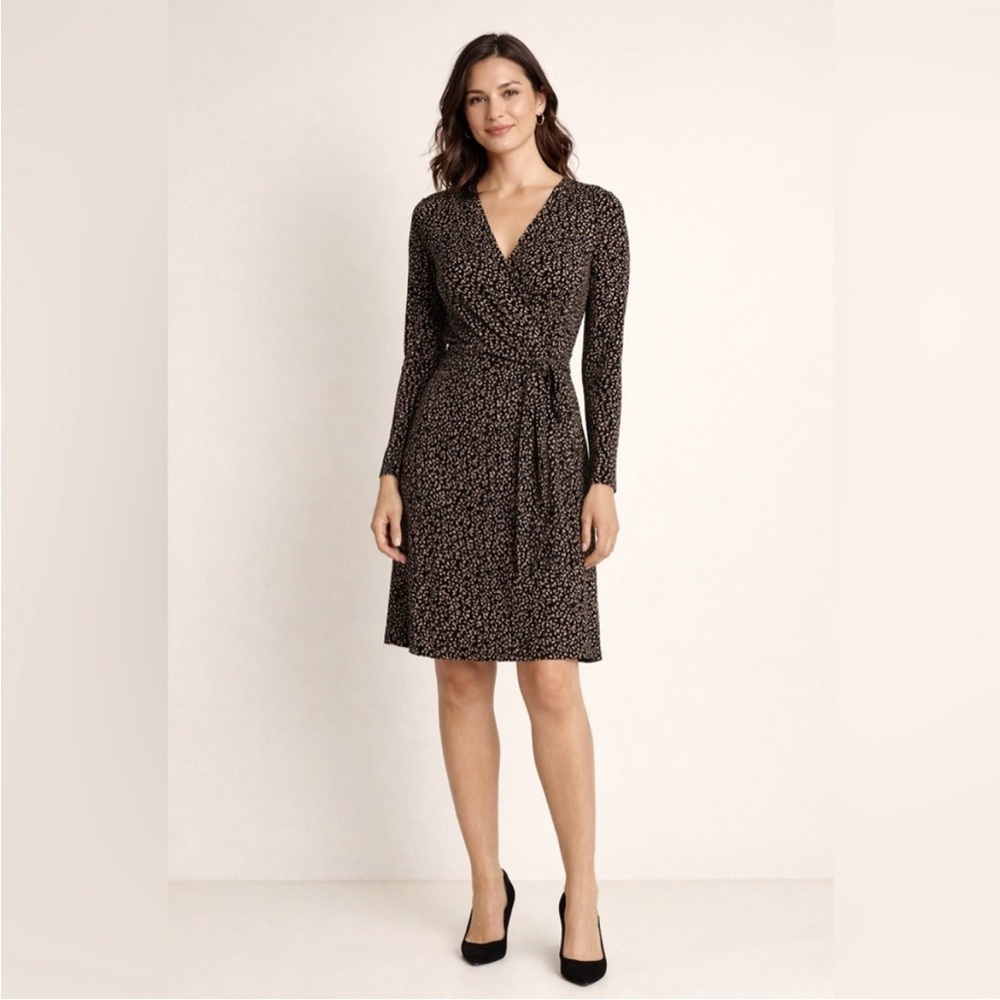 Ann Taylor Petite Black Tan Wrap Cheetah Dress